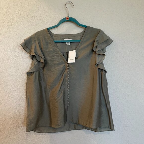 NWT Club Monaco Ruffle SLV Button Chemise in Sage - Picture 2 of 11